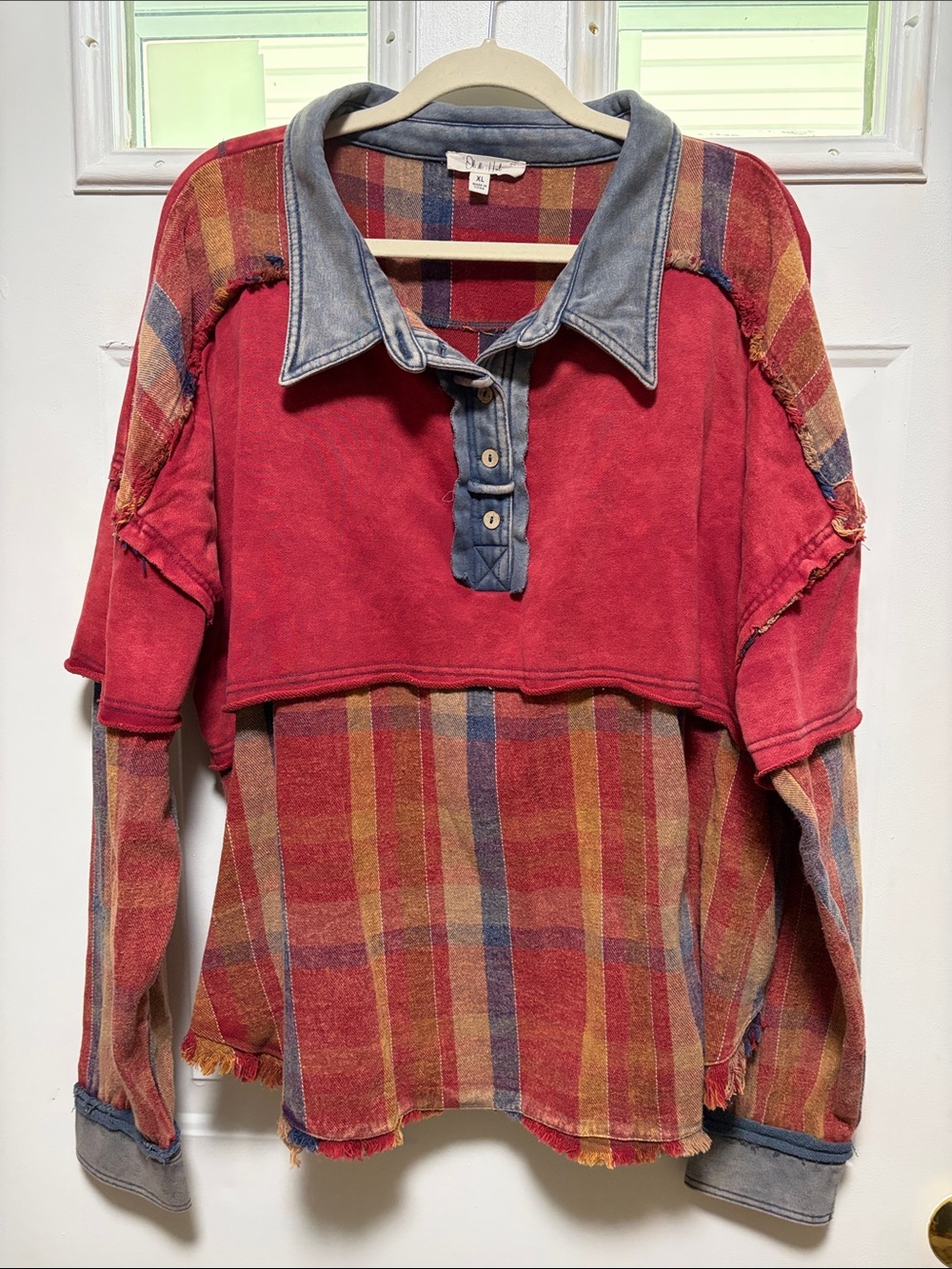 Oli & Hali Red and Blue Plaid Pullover with Chambray Trim